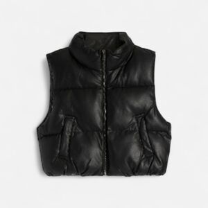 Double Zero Girls Junior L Black Faux Leather Cropped Puffer Vest Standup Collar